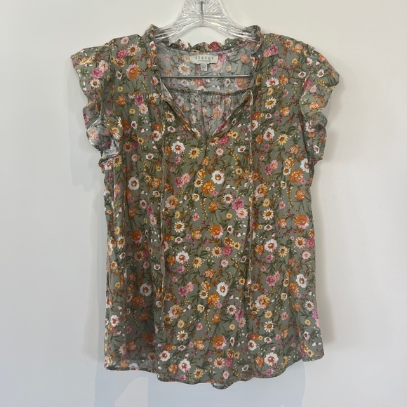 Status by Chenault tassel tie flutter short sleeve top shirt blouse. Olive Sz S - Picture 4 of 9